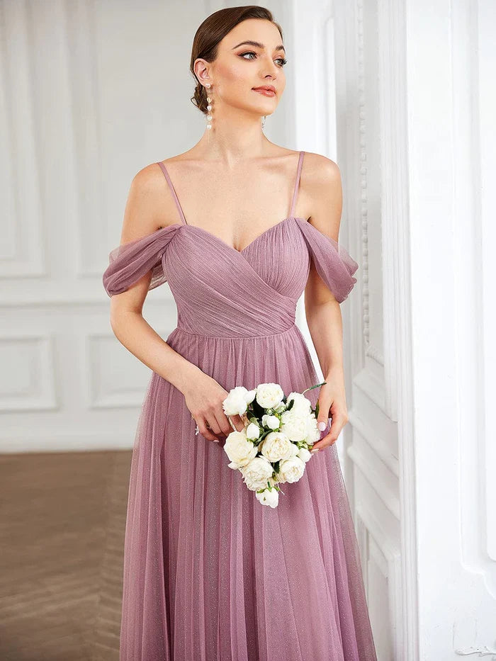 Mauve Glitter‑Tulle A‑Line Sweetheart Off‑The‑Shoulder Draped‑Sleeve Zipper Back Floor‑Length Bridesmaid Dresses