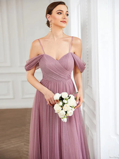 Mauve Glitter‑Tulle A‑Line Sweetheart Off‑The‑Shoulder Draped‑Sleeve Zipper Back Floor‑Length Bridesmaid Dresses