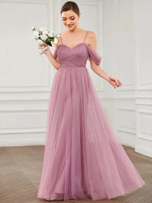 Mauve Glitter‑Tulle A‑Line Sweetheart Off‑The‑Shoulder Draped‑Sleeve Zipper Back Floor‑Length Bridesmaid Dresses