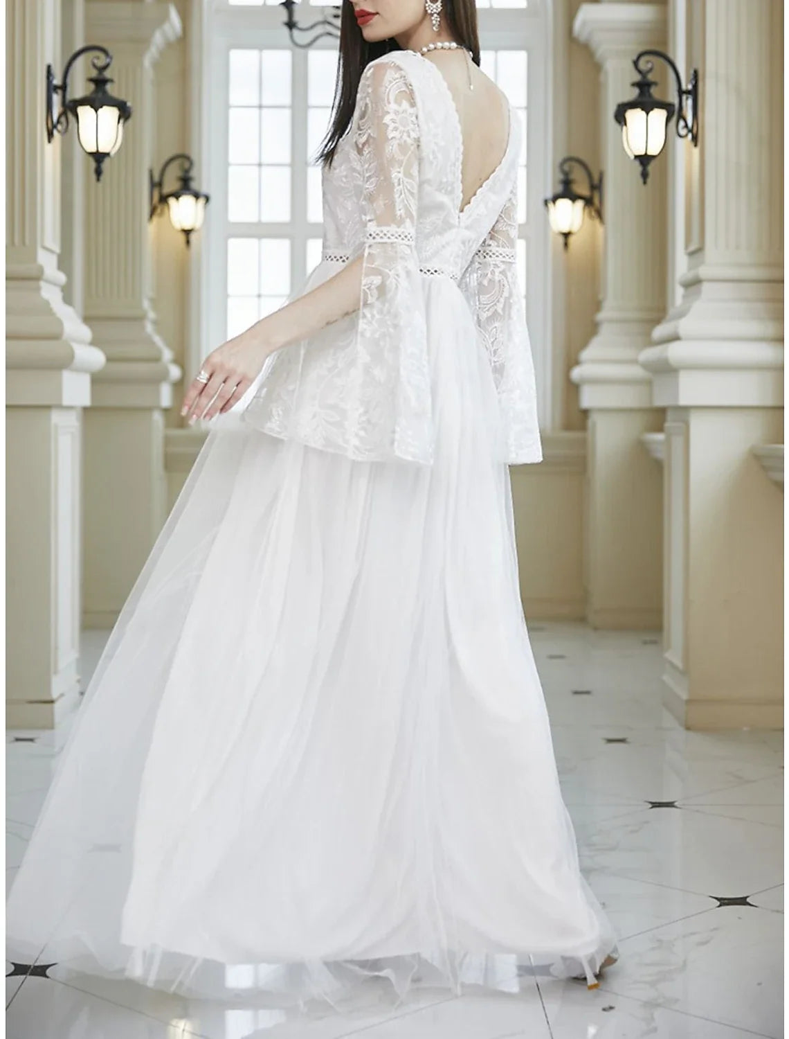 Women's Prom Dress Party Dress Lace Dress Long Dress Maxi Dress White Long Sleeve Pure Color Lace Summer Spring Fall V Neck Party Evening Party Wedding Guest Summer Dress