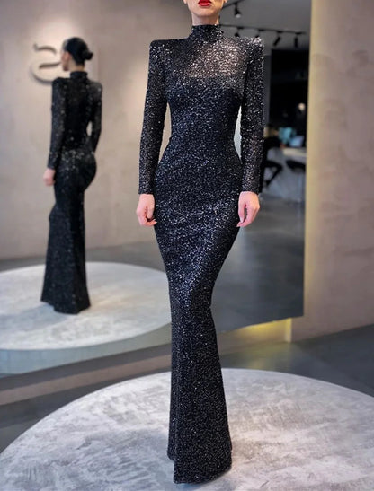 Mermaid / Trumpet Evening Gown Elegant Dress Formal Cocktail Party Floor Length Long Sleeve High Neck Sequined with Sequi