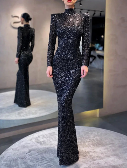 Mermaid / Trumpet Evening Gown Elegant Dress Formal Cocktail Party Floor Length Long Sleeve High Neck Sequined with Sequi