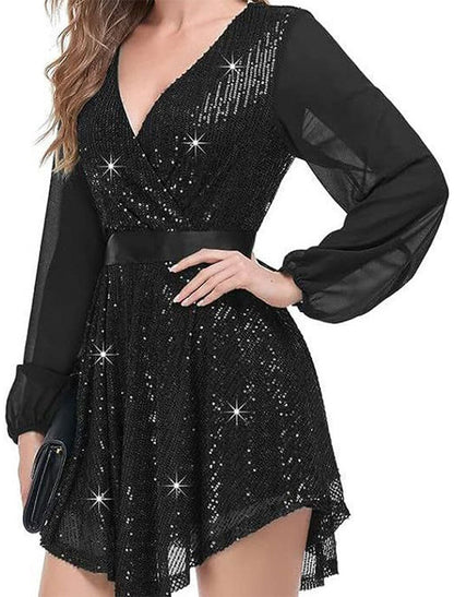 Women's Black Dress Sequin Dress Party Dress Mini Dress Black White Long Sleeve Pure Color Sequins Spring Fall Winter V Neck Fashion Winter Dress Wedding Guest Evening Party