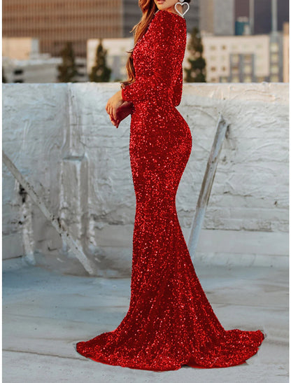 Women's Red Christmas Party Dress New Year's Eve Dress Sparkly Sequin Dress Long Dress Red Long Sleeve Sequins Square Neck Winter Dress