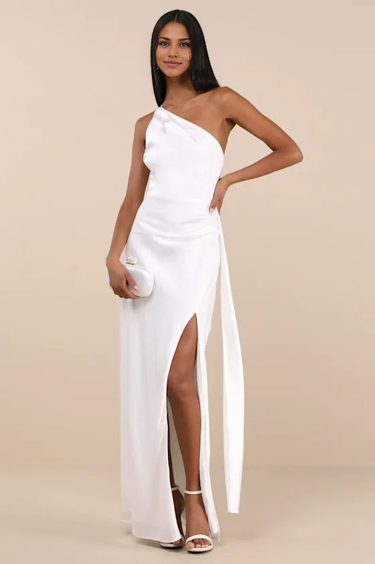 Dress Elegance Olive Green Satin One-Shoulder Maxi Dress Evening Dress Sheath Sleeveless Irregular Neck Prom Dress