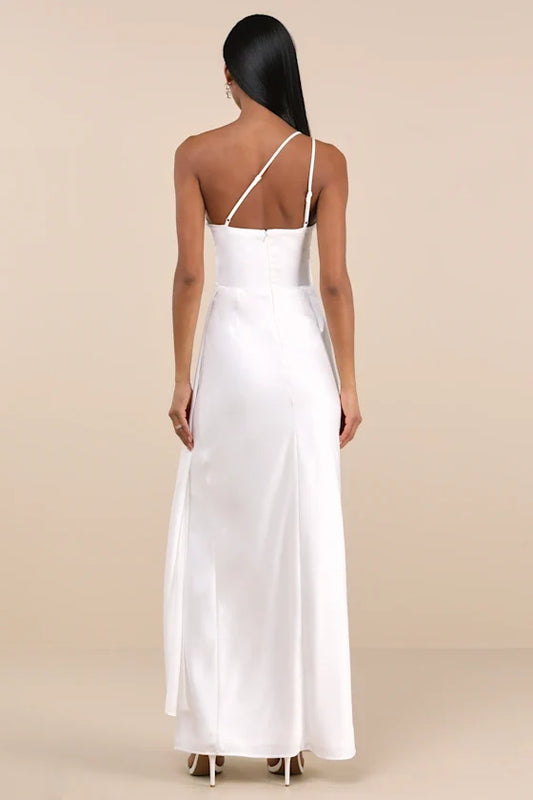 Dress Elegance Olive Green Satin One-Shoulder Maxi Dress Evening Dress Sheath Sleeveless Irregular Neck Prom Dress