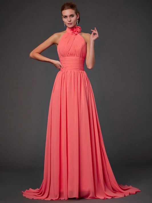 Blush‑Pink Chiffon A‑Line Halter Flower‑Neck Sleeveless Open Zipper‑Back Sweep‑Train Bridesmaid Dresses