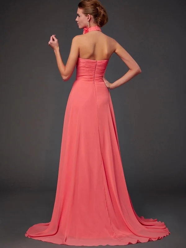 Blush‑Pink Chiffon A‑Line Halter Flower‑Neck Sleeveless Open Zipper‑Back Sweep‑Train Bridesmaid Dresses