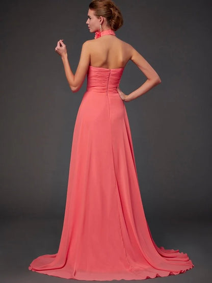 Blush‑Pink Chiffon A‑Line Halter Flower‑Neck Sleeveless Open Zipper‑Back Sweep‑Train Bridesmaid Dresses