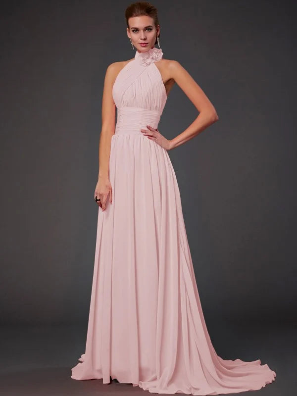 Blush‑Pink Chiffon A‑Line Halter Flower‑Neck Sleeveless Open Zipper‑Back Sweep‑Train Bridesmaid Dresses