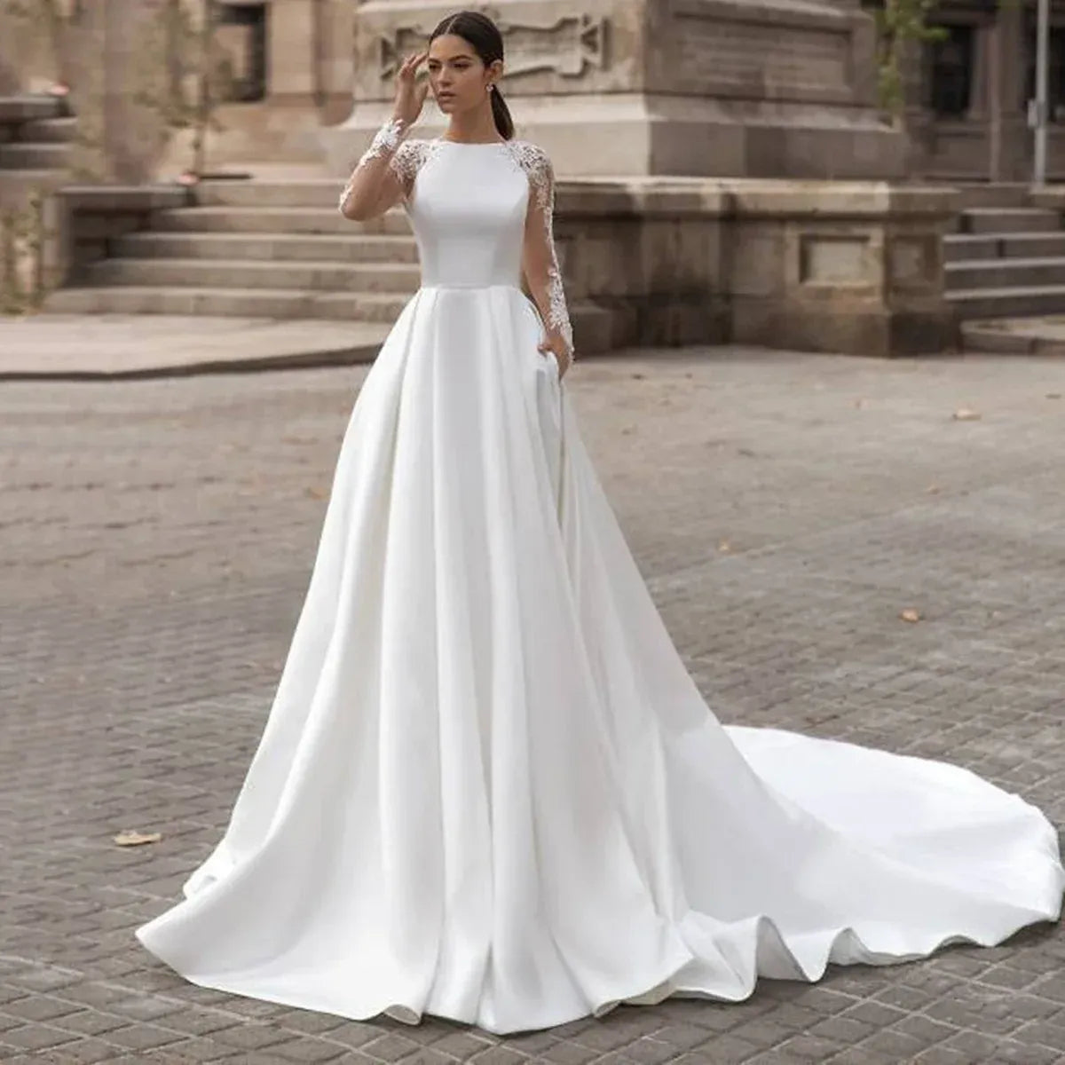 Elegant A-Line High Neck Long Sleeve Lace Appliqué Backless Satin Wedding Dress