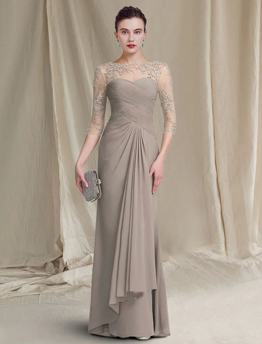 Taupe Lace‑Beaded Sheath Jewel‑Neck Elbow‑Sleeve V‑Back Floor‑Length Mother Of The Bride Dress