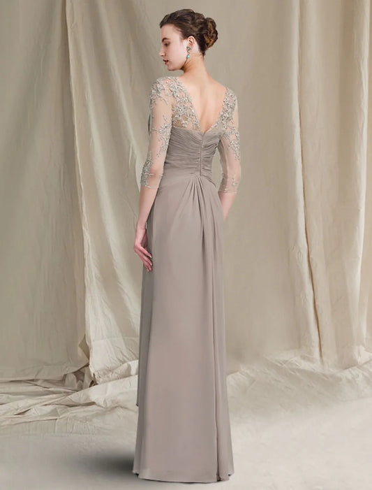Taupe Lace‑Beaded Sheath Jewel‑Neck Elbow‑Sleeve V‑Back Floor‑Length Mother Of The Bride Dress