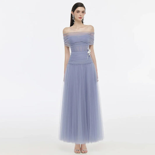 Elegant A-Line Off-The-Shoulder Short Sleeve 3D-Flower Tulle Evening Dress