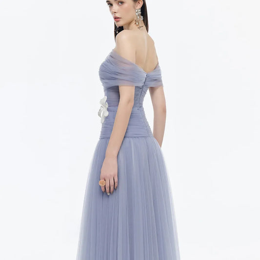 Elegant A-Line Off-The-Shoulder Short Sleeve 3D-Flower Tulle Evening Dress