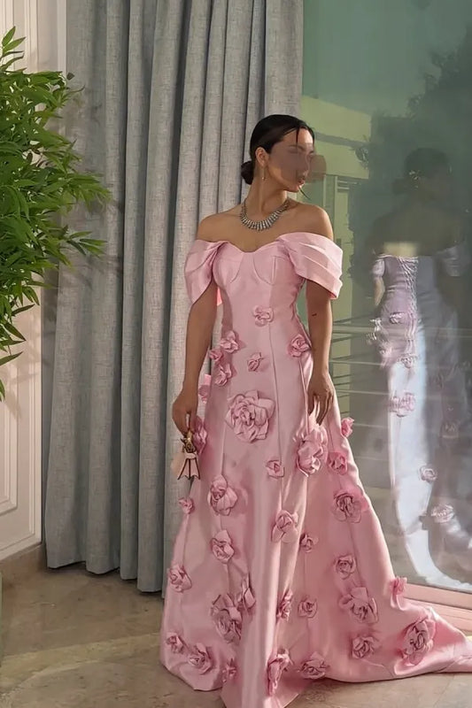 Elegant A-Line Off-The-Shoulder Sleeveless 3D-Flower Maxi Evening Dress With Train