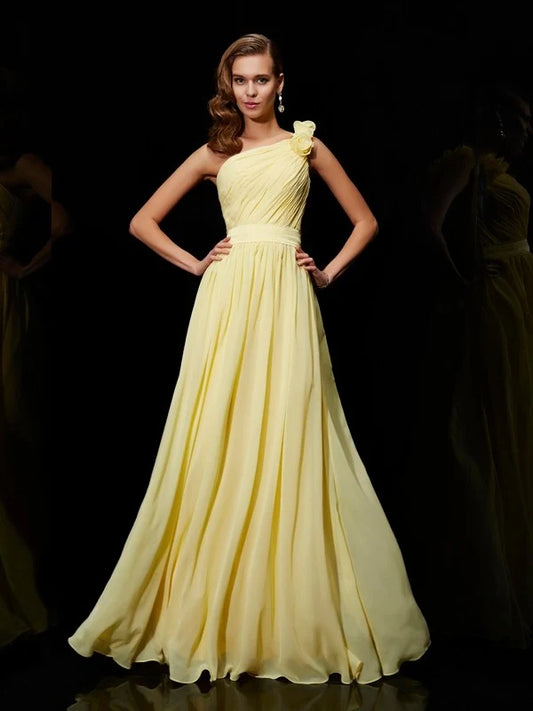 Blush‑Pink Chiffon A‑Line One‑Shoulder Flower‑Strap Zipper Back Floor‑Length Bridesmaid Dresses For Elegant