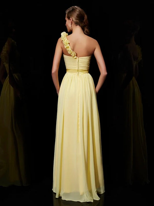 Blush‑Pink Chiffon A‑Line One‑Shoulder Flower‑Strap Zipper Back Floor‑Length Bridesmaid Dresses For Elegant