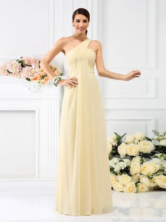 Blush‑Pink Chiffon A‑Line One‑Shoulder Wide‑Strap Zipper Back Pleated Floor‑Length Bridesmaid Dresses