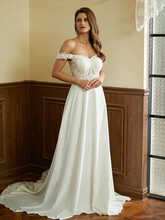 White Lace‑Satin A‑Line Sweetheart Off‑The‑Shoulder Short‑Sleeve Button‑Back Court‑Train Wedding Dress For Classic