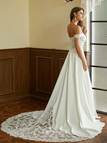 White Lace‑Satin A‑Line Sweetheart Off‑The‑Shoulder Short‑Sleeve Button‑Back Court‑Train Wedding Dress For Classic