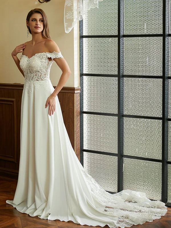 White Lace‑Satin A‑Line Sweetheart Off‑The‑Shoulder Short‑Sleeve Button‑Back Court‑Train Wedding Dress For Classic