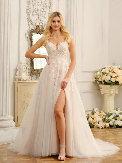 Ivory Lace‑Tulle A‑Line Off‑The‑Shoulder Deep‑V Short‑Sleeve Low Open‑Back Slit Sweep‑Train Wedding Dress