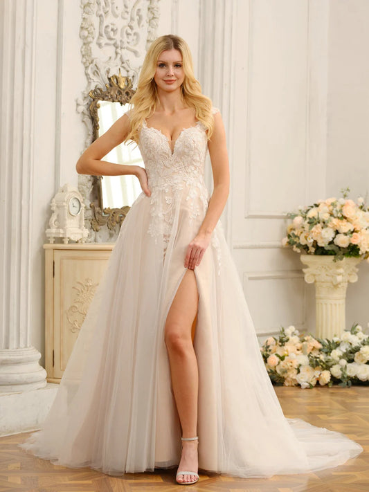 Ivory Lace‑Tulle A‑Line Off‑The‑Shoulder Deep‑V Short‑Sleeve Low Open‑Back Slit Sweep‑Train Wedding Dress