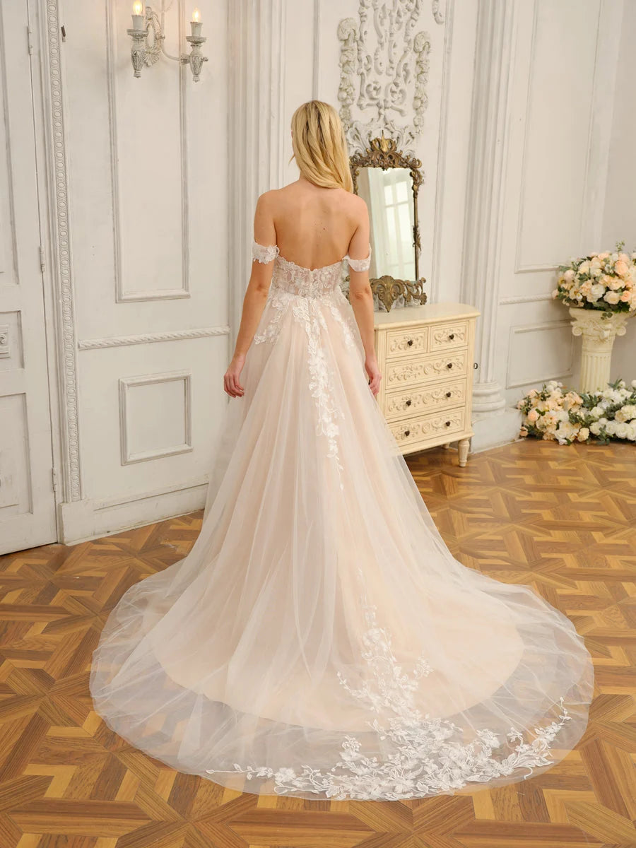 Ivory Lace‑Tulle A‑Line Off‑The‑Shoulder Deep‑V Short‑Sleeve Low Open‑Back Slit Sweep‑Train Wedding Dress