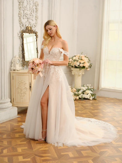 Ivory Lace‑Tulle A‑Line Off‑The‑Shoulder Deep‑V Short‑Sleeve Low Open‑Back Slit Sweep‑Train Wedding Dress