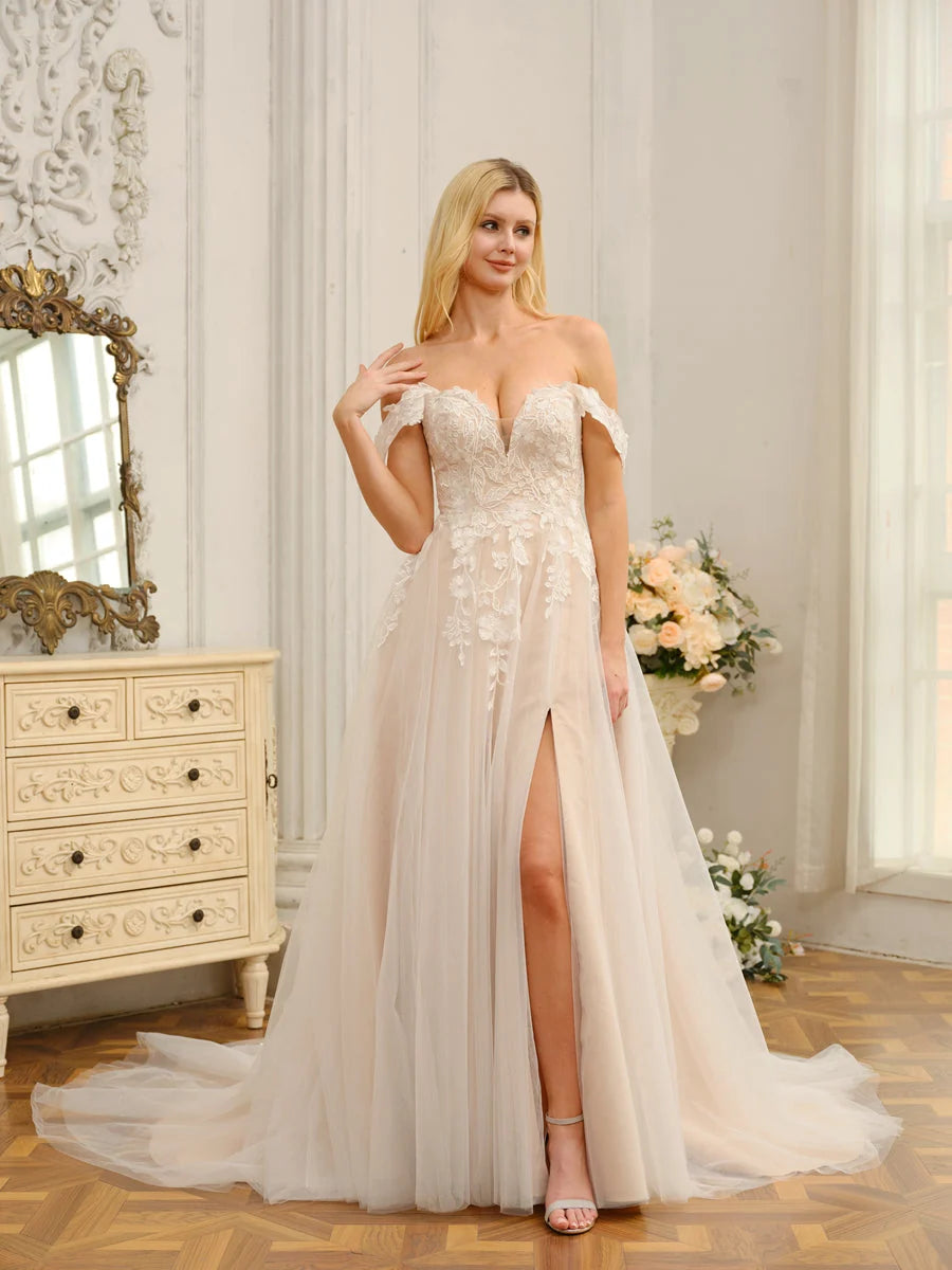 Ivory Lace‑Tulle A‑Line Off‑The‑Shoulder Deep‑V Short‑Sleeve Low Open‑Back Slit Sweep‑Train Wedding Dress