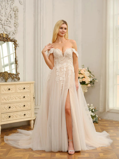 Ivory Lace‑Tulle A‑Line Off‑The‑Shoulder Deep‑V Short‑Sleeve Low Open‑Back Slit Sweep‑Train Wedding Dress