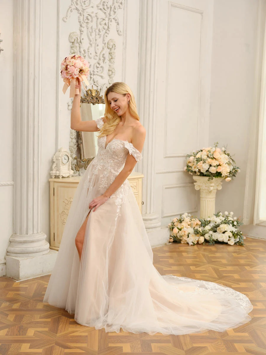 Ivory Lace‑Tulle A‑Line Off‑The‑Shoulder Deep‑V Short‑Sleeve Low Open‑Back Slit Sweep‑Train Wedding Dress