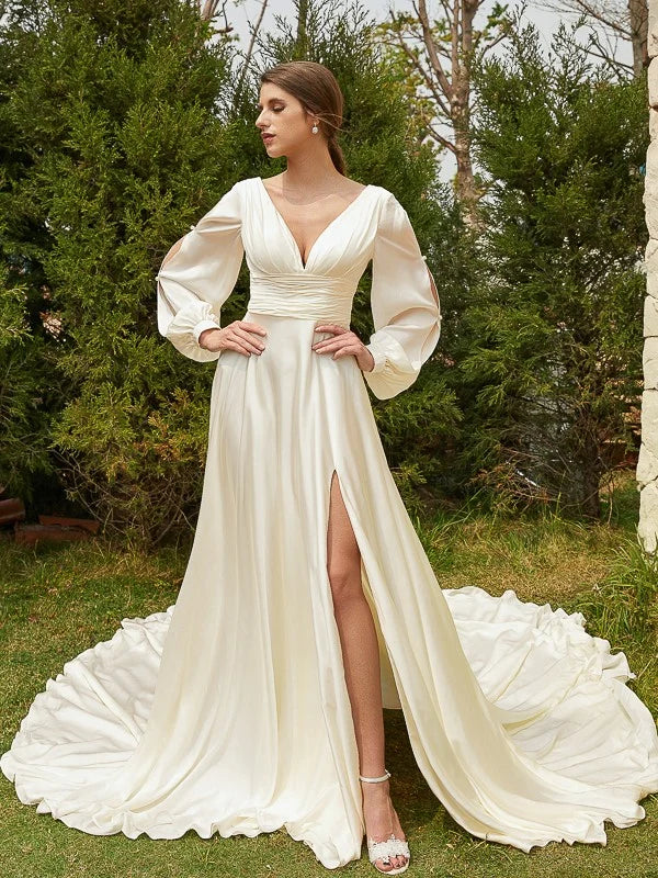 Ivory Satin A‑Line Deep‑V Bishop Long‑Sleeve V‑Back Cathedral‑Train Wedding Dress For Princess
