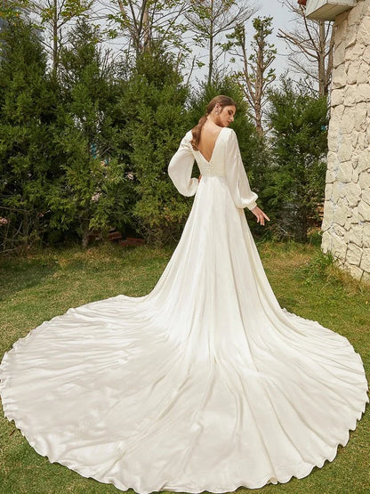 Ivory Satin A‑Line Deep‑V Bishop Long‑Sleeve V‑Back Cathedral‑Train Wedding Dress For Princess
