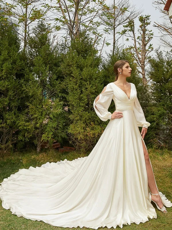 Ivory Satin A‑Line Deep‑V Bishop Long‑Sleeve V‑Back Cathedral‑Train Wedding Dress For Princess