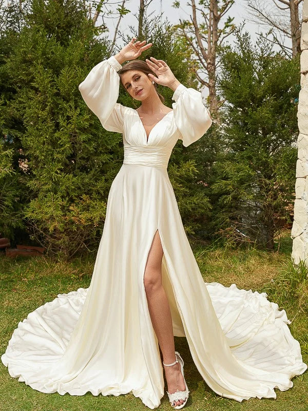 Ivory Satin A‑Line Deep‑V Bishop Long‑Sleeve V‑Back Cathedral‑Train Wedding Dress For Princess