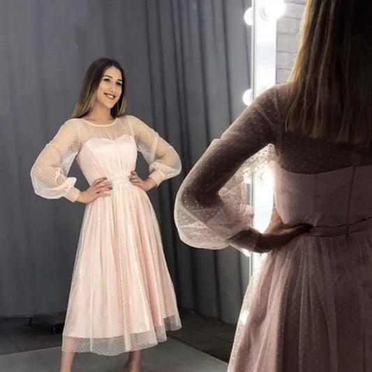 Elegant A-Line Round Neck Long Sleeve Dot Tulle Midi Bridesmaid Dress