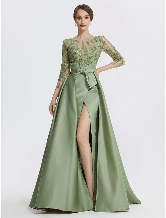Elegant Beaded‑Appliqué A‑Line Jewel‑Neck 3‑4‑Sleeve Bow‑Waist High‑Slit Satin Floor‑Length Evening Dresses