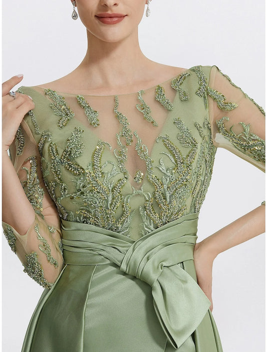 Elegant Beaded‑Appliqué A‑Line Jewel‑Neck 3‑4‑Sleeve Bow‑Waist High‑Slit Satin Floor‑Length Evening Dresses