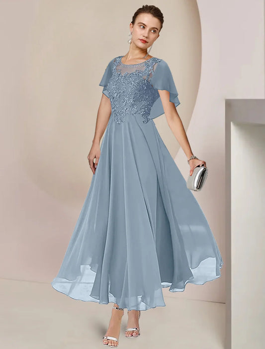 Dusty‑Blue Lace‑Bodice A‑Line Scoop‑Neck Cape‑Sleeve Tea‑Length Mother Of The Bride Dress