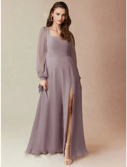 Mauve Chiffon A‑Line Square Neck Long Bishop‑Sleeve Tie‑Back Slit Floor‑Length Bridesmaid Dresses