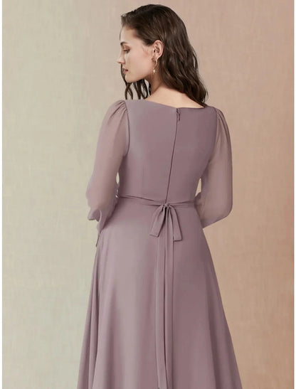 Mauve Chiffon A‑Line Square Neck Long Bishop‑Sleeve Tie‑Back Slit Floor‑Length Bridesmaid Dresses