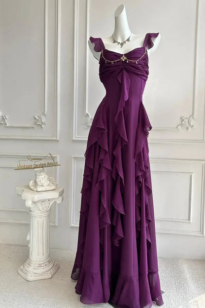 Elegant A-Line Square Neck Ruffle Strap Backless Tiered Ruffle Chiffon Maxi Dress With Beaded Detail