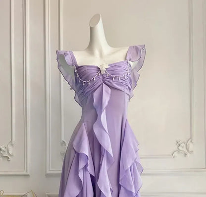 Elegant A-Line Square Neck Ruffle Strap Backless Tiered Ruffle Chiffon Maxi Dress With Beaded Detail