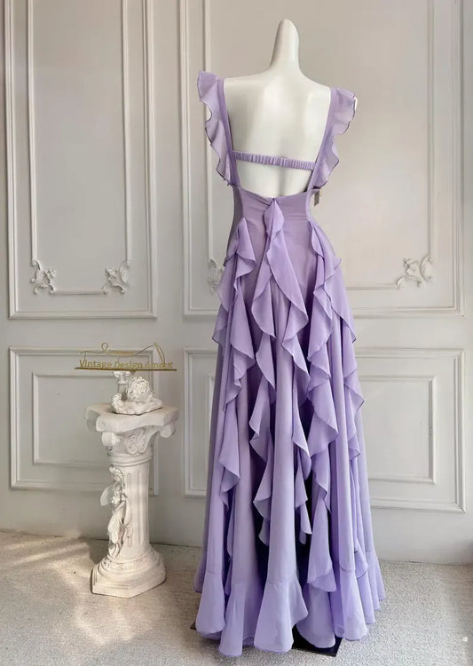 Elegant A-Line Square Neck Ruffle Strap Backless Tiered Ruffle Chiffon Maxi Dress With Beaded Detail