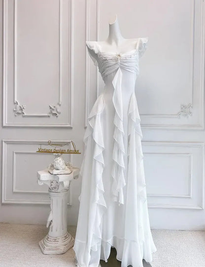 Elegant A-Line Square Neck Ruffle Strap Backless Tiered Ruffle Chiffon Maxi Dress With Beaded Detail