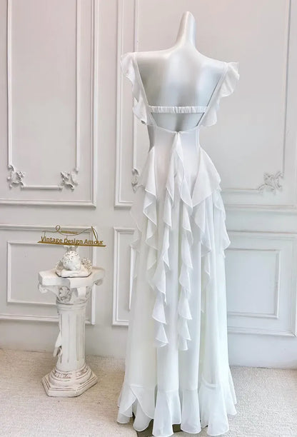 Elegant A-Line Square Neck Ruffle Strap Backless Tiered Ruffle Chiffon Maxi Dress With Beaded Detail