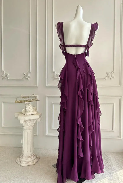 Elegant A-Line Square Neck Ruffle Strap Backless Tiered Ruffle Chiffon Maxi Dress With Beaded Detail