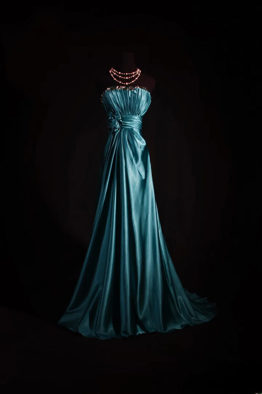 Elegant A-Line Strapless Pleated Waist Flower Satin Floor-Length Evening Gown